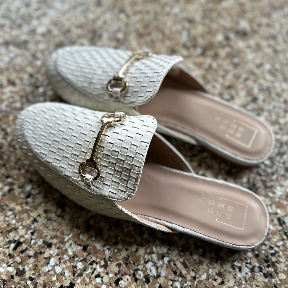 White Woven Mules